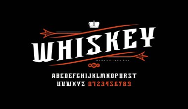 Serif dekoratif yazı tipi olmayan hisse senedi vektörü. Süslü viski etiketi şablonu. Alkol logosu ve etiket tasarımı için harfler ve numaralar
