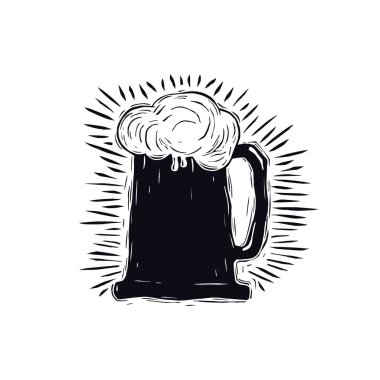 Bira bardağı çizimi linocut tarzında. Beyaz arkaplanda siyah baskı