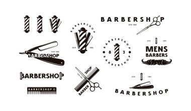 Berber dükkanının etiketleri, amblemleri ve logoları. Beyaz arkaplanda izole