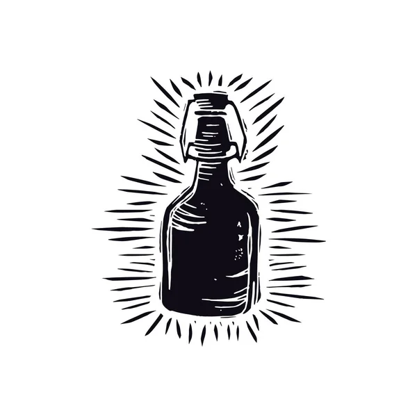 Ilustración Artesanal Botellas Cerveza Estilo Linocut Impresión Negro Sobre Fondo — Archivo Imágenes Vectoriales
