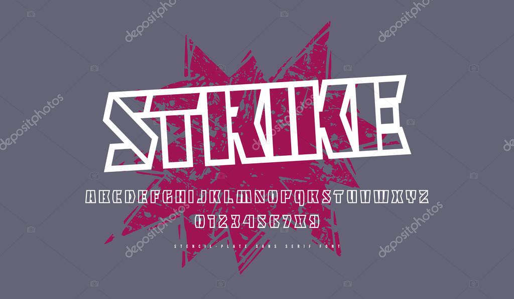 Hollow stencil-plate sans serif font. Letters and numbers for military and sport logo design