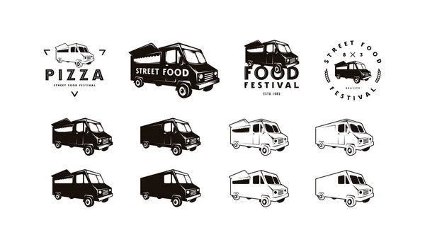 Φορτηγό Τροφίμων Σιλουέτες Παράδοσης Και Λογότυπο Για Κατάστημα Τροφίμων Δρόμο — Διανυσματικό Αρχείο