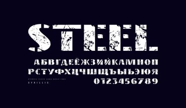 Kiril alfabesi şablonlu yazı tipi olmayan askeri yazı tipi. Cesur surat. Logo ve etiket tasarımı için klasik desenli harfler ve numaralar