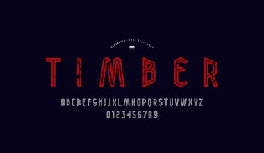 Ana hatları olmayan serif çubuk yazı tipi. Cesur surat. Logo ve başlık tasarımı için klasik desenli harfler ve numaralar. Siyah arkaplanda renk izi