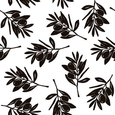 Zeytin dalı şeklinde kusursuz bir desen. Elle çizilmiş tasarım. Beyaz arkaplanda siyah baskı