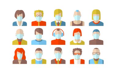 Virüs koruması için yüz maskesi takan stilize karakterler. Sosyal ağlar için düz bir tasarım