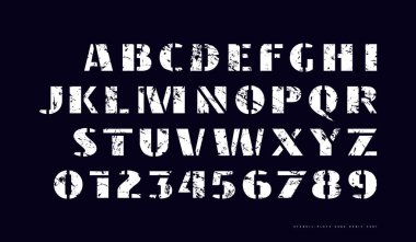 Stencil-plaka serif yazı tipi olmadan askeri tarzda. Cesur surat. Logo ve etiket tasarımı için klasik desenli harfler ve numaralar