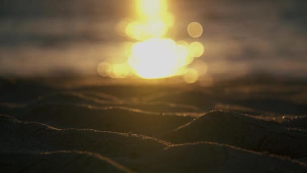 Nahaufnahme des Sonnenuntergangs, der Meereswellen und Sand am Strand reflektiert — Stockvideo