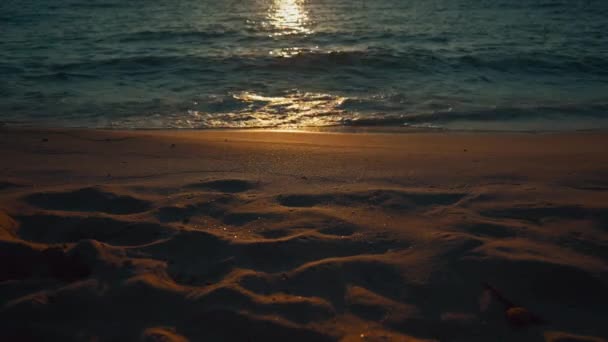 Balearen-Insel Formentera Sonnenuntergang spiegelt sich im Sand und den Wellen — Stockvideo