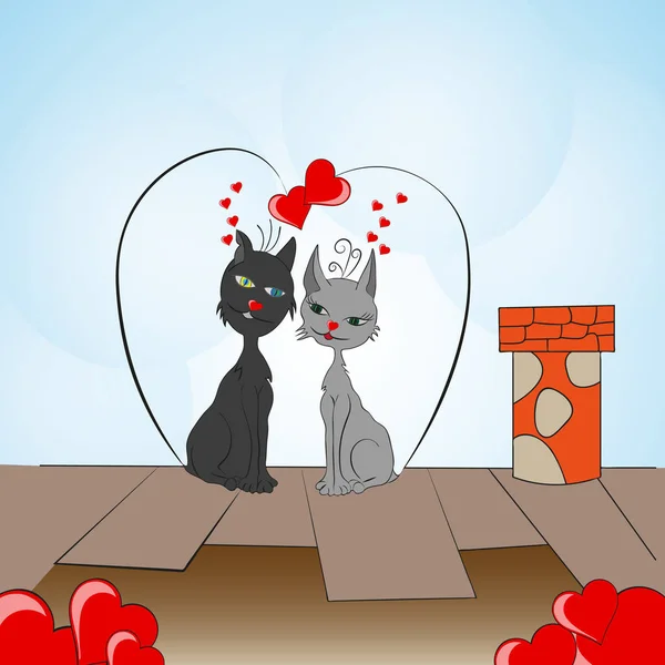 Amantes gatos no telhado da casa — Vetor de Stock