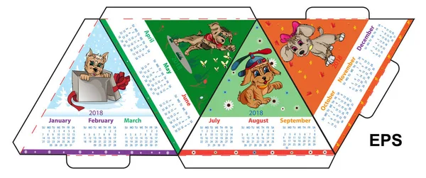 Driehoekige lay-out van de A4-kalender voor 2018 van de aarde-hond — Stockvector