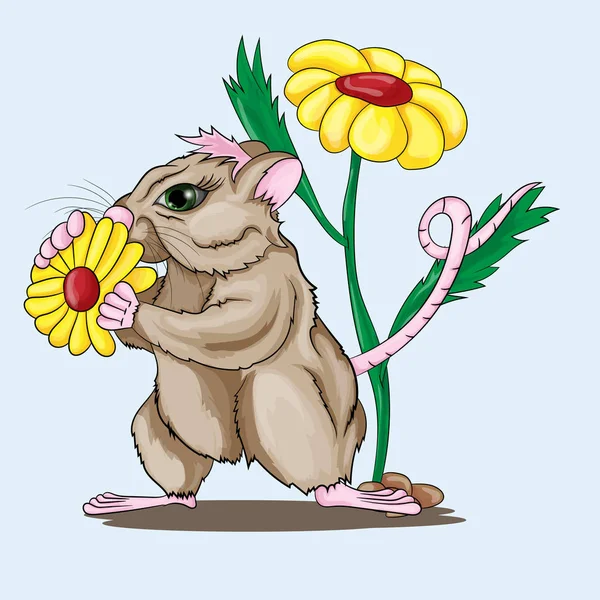 Маленькая мышка держит цветок — стоковый вектор