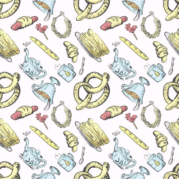 Seamless pattern tea set and pastries and sweets 2