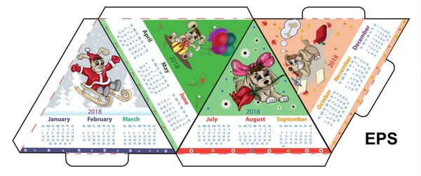 Lay-out van de A4-kalender voor 2018 van de aarde-hond — Stockvector