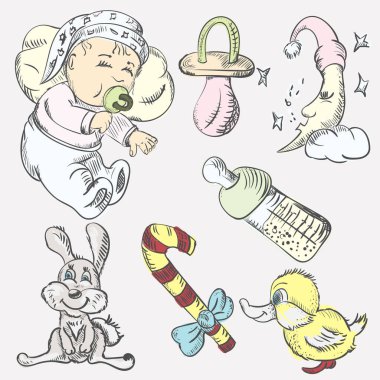 Uyuyan bir bebek ve oyuncak bir rüya çizimi