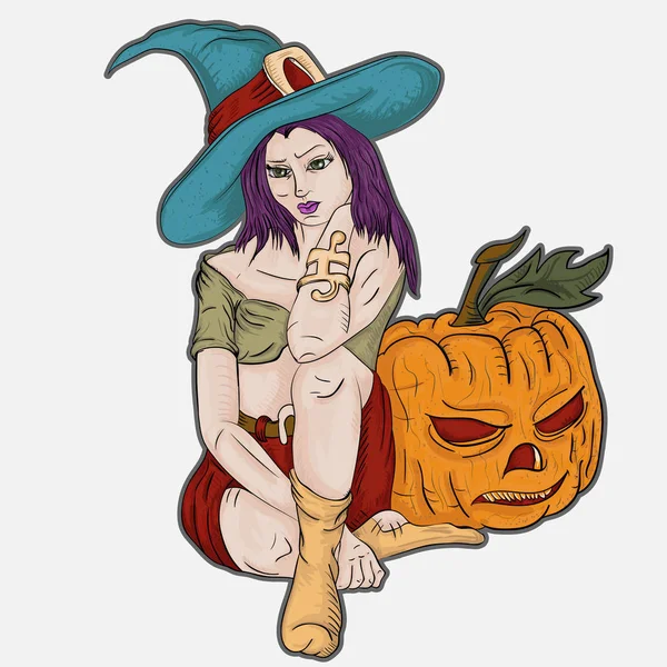 Girl witch sitting near a festive pumpkin — Stock Vector