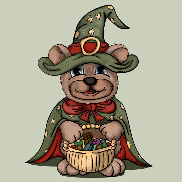 Piccolo orso in costume da mago tiene un cesto con dolci — Vettoriale Stock