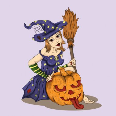 balkabağına yanındaki kız cadı onun elinde bir süpürge ile oturur