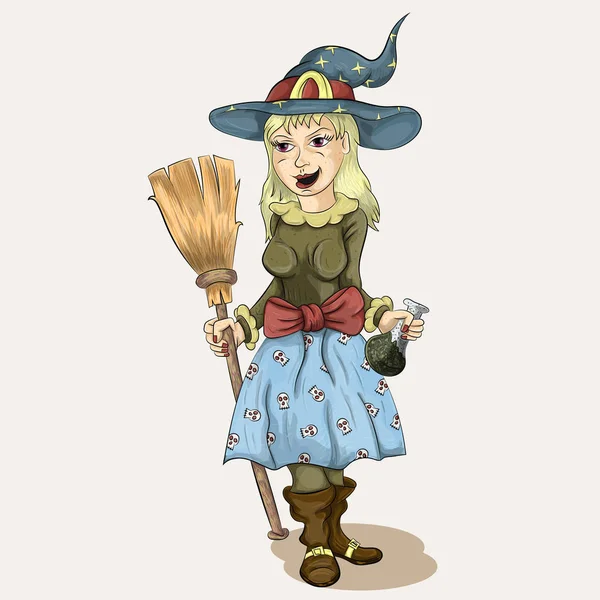 Girl witch with a broom for flying and a bulb for a potion — Stock Vector