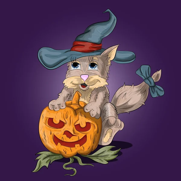 Маленький кошеня в чаклунському капелюсі обіймає гарбуз — стоковий вектор