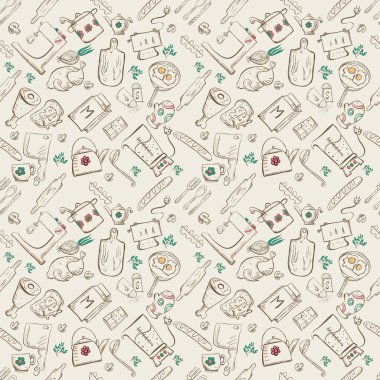 vektör seamless modeli mutfak aksesuarları ve foo eskiz