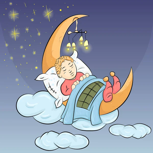Kleine baby slapen op de maan tussen de sterren — Stockvector