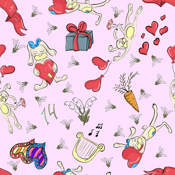 Seamless mönster med kaniner på alla hjärtans dag rosa bakgrund — Stock vektor
