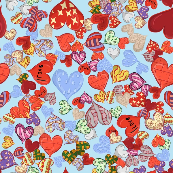 Seamless pattern of sketched hearts in various designs blue back — Stock Vector