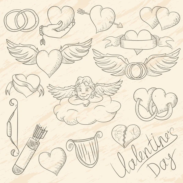 Esquisse illustration des symboles de la Saint Valentin de vacances — Image vectorielle