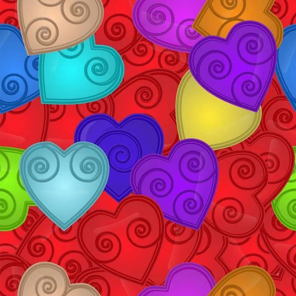 Seamless mönster av färgade hjärtan med spiral inuti — Stock vektor