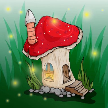 illustration of a fairy mushroom house in the grass clipart