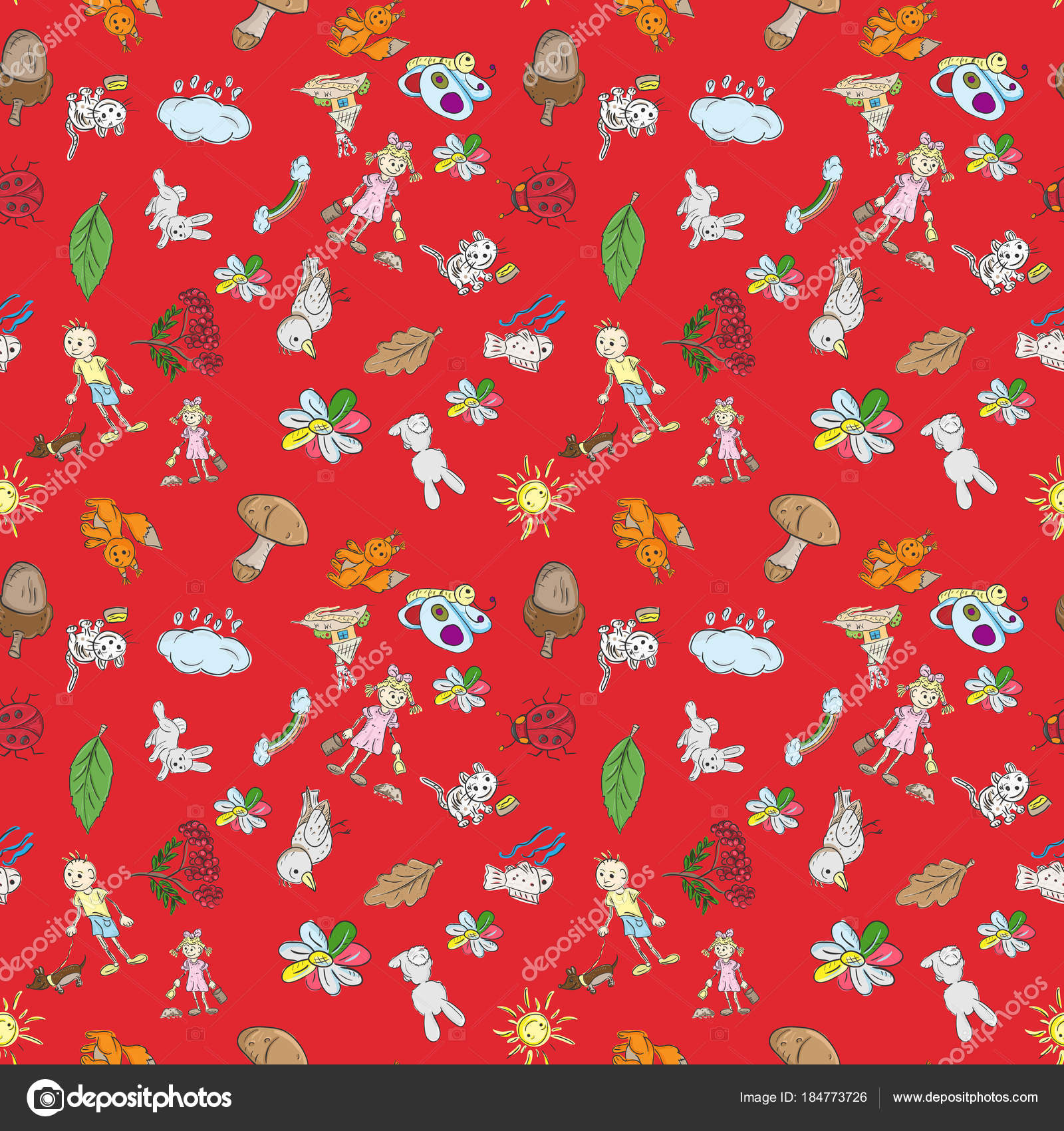 Childrens Color Seamless Pattern In Sketch Style Red Background Stock Vector C Svarog19801 184773726