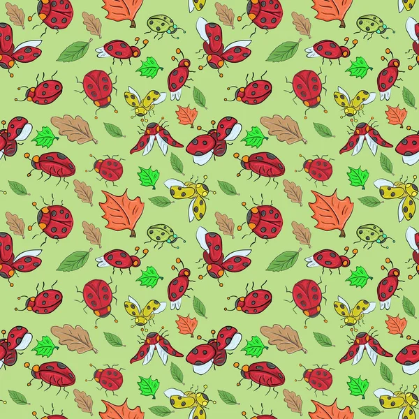 Niños ilustración de un patrón de mariquitas y hojas, género — Vector de stock