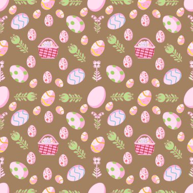 kahverengi arka plan deseni ve Paskalya yumurtaları ve çiçekler