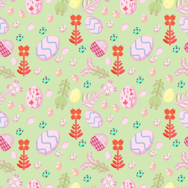 yeşil arka plan deseni ve Paskalya yumurtaları ve çiçekler
