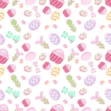 Beyaz arka plan deseni ve Paskalya yumurtaları ve çiçekler