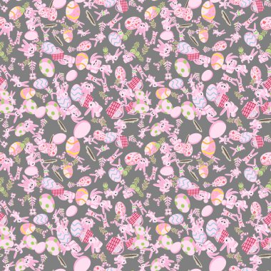 pembe tavşan çiçekler ve Paskalya yumurta gri arka plan desen