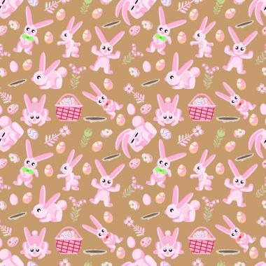 pembe tavşan çiçekler ve Paskalya yumurta kahverengi arka plan desen