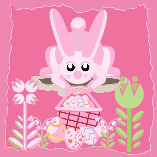 Pink rabbit near the hole looks at the basket with Easter eggs — Stock Vector