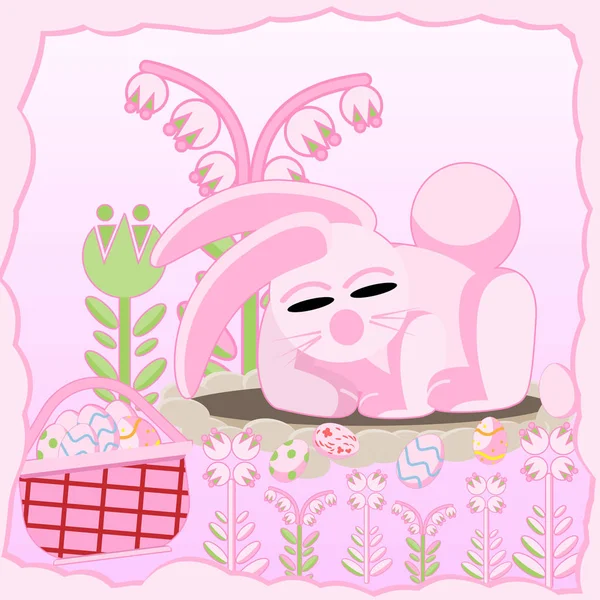 pink rabbit near the hole sleeping with a basket of Easter eggs