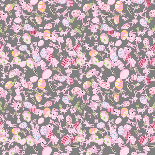 Patrón de flores de conejos rosados y huevos de Pascua fondo gris — Archivo Imágenes Vectoriales