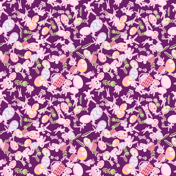 Візерунок з рожевих кроликів квіти і великодні яйця фіолетовий фон — стоковий вектор