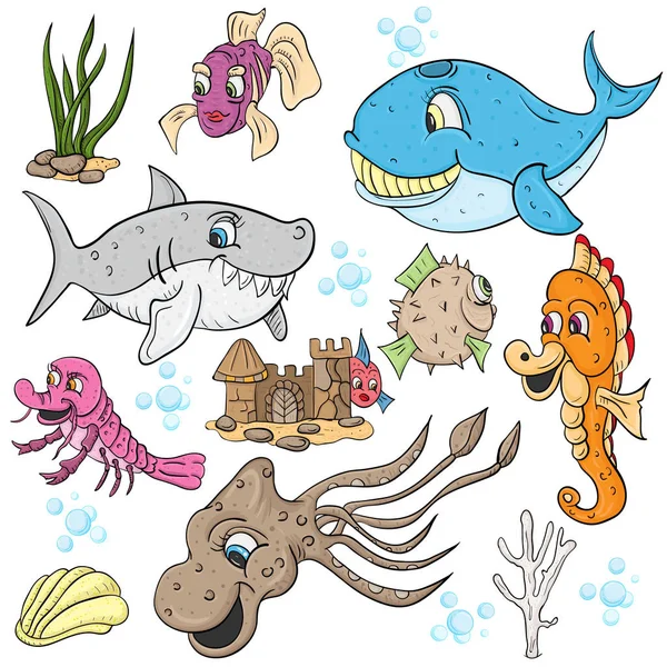 illustration of underwater fish and animals, underwater castle