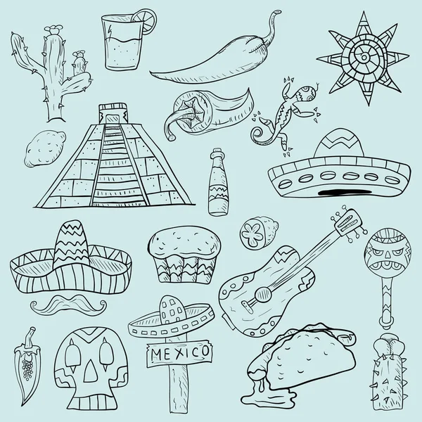 Illustration de contour sur fond isolé d'objets mexicains — Image vectorielle