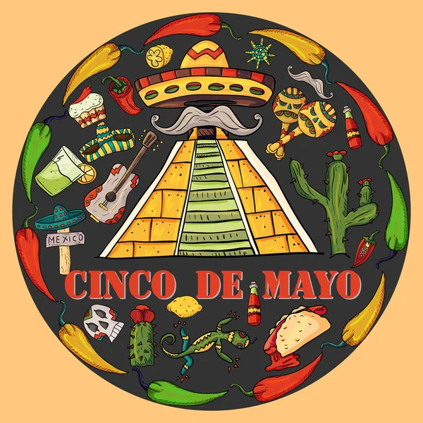 Ilustración de ornamento circular de símbolos mexicanos en negro es — Vector de stock