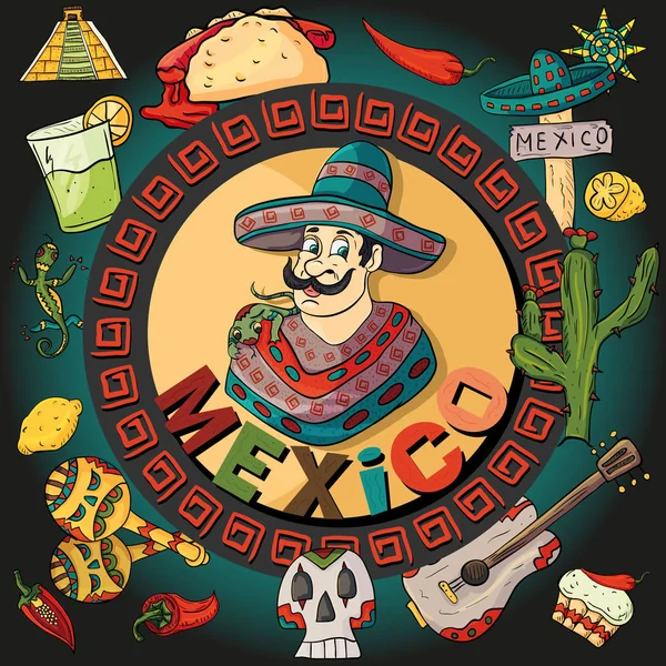 Hombre mexicano en sombrero y poncho en ornamento circular entre Mí — Vector de stock