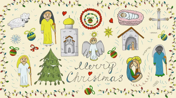 Orthodoxe Weihnachten Neujahr Farbe Umriss Symbol-Set für die Dekoration — Stockvektor