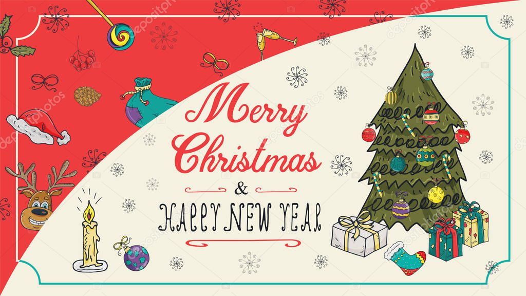 banner Christmas new year outline color sketches for decoration 