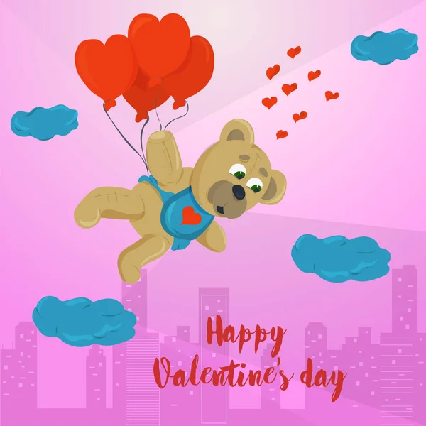 Sevgililer Günü tebrik kartı tasarımı Balla uçan küçük oyuncak ayı — Stok Vektör