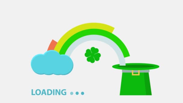 雲からのビデオ読み込み画面虹は装飾デザインのためのクローバーの葉の形でキャップシリンダーLeprechown読み込みホイールに流れます — ストック動画